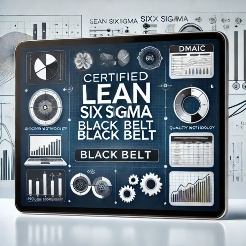 Professional digital design for the Certified Lean Six Sigma Black Belt (CLSSBB) course. The image features a modern corporate-themed background with elements symbolizing process improvement, quality control, and leadership. Includes Six Sigma tools such as DMAIC methodology, statistical charts, and workflow diagrams, with the course title prominently displayed in a bold, clean font.