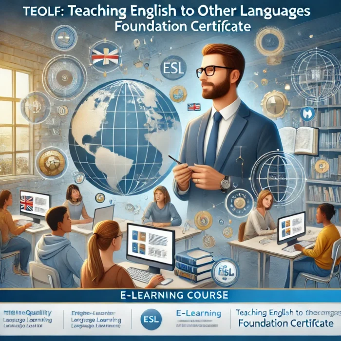 A high-quality, professional e-learning course cover for 'TEOLF_ Teaching English to Other Languages Foundation Certificate