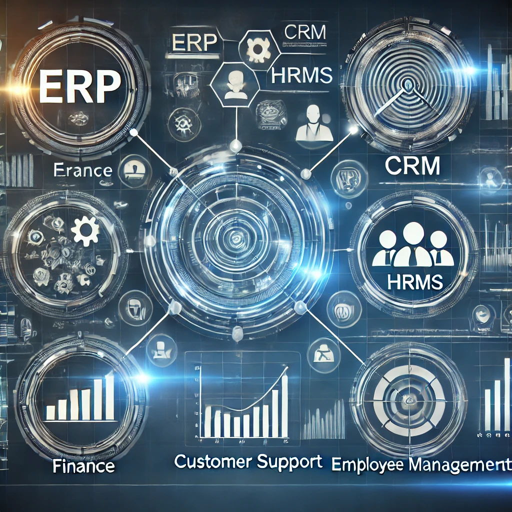 An-illustration-of-a-digital-dashboard-showing-ERP-CRM-and-HRMS-business-systems-interconnected-with-icons-for-finance-customer-support-and-emplo
