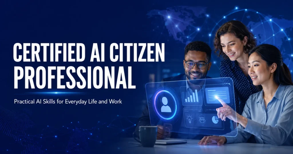 Certified AI Citizen Professional is a practical, beginner-friendly online course designed to help you understand and use artificial intelligence confidently, responsibly and effectively in everyday life and the modern workplace.