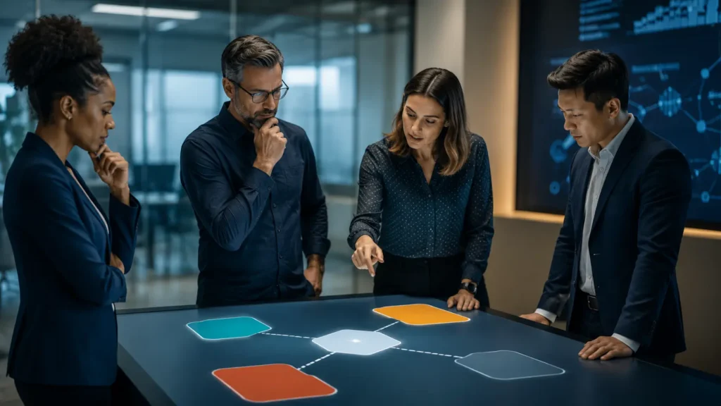 Operations team comparing scale pause redesign and stop options for an AI pilot, AI pilot exit criteria
