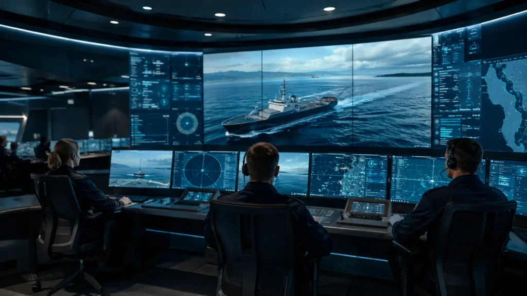Maritime remote operations centre team supervising an autonomous vessel with clear human oversight