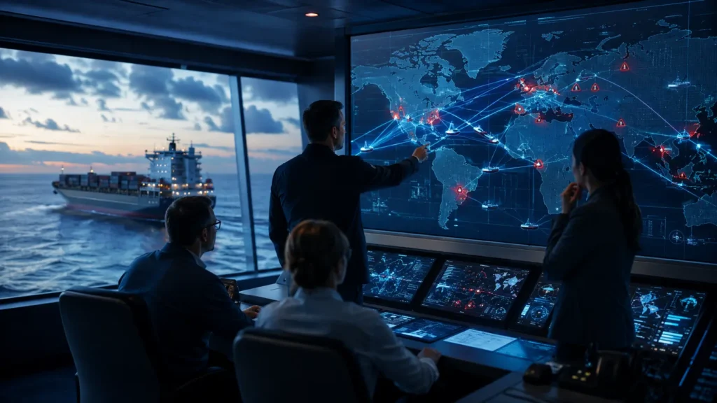 Shipping leaders reviewing vessel and shore cyber risks across an integrated maritime operations map