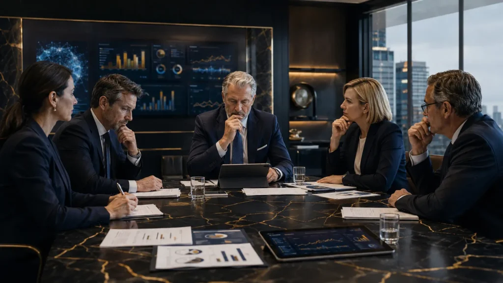 Board directors reviewing an AI investment proposal with financial assumptions and risk evidence