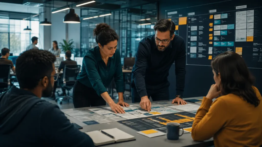 Software project manager and product manager aligning roadmap delivery risks and customer outcomes