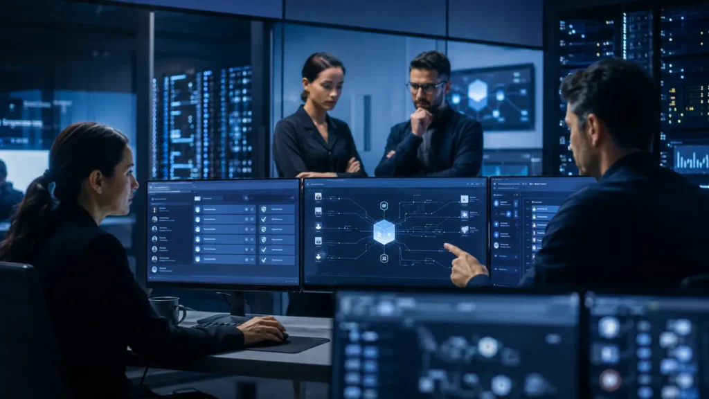 Professional team applying the AI privacy governance framework in a realistic workplace decision setting