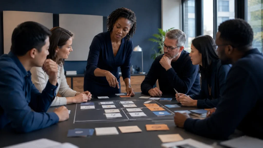 Professional team applying the AI task literacy framework in a realistic workplace decision setting