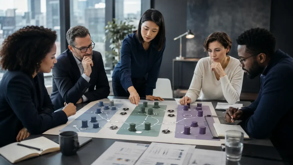 Professional team applying the workforce scenario planning framework in a realistic workplace decision setting