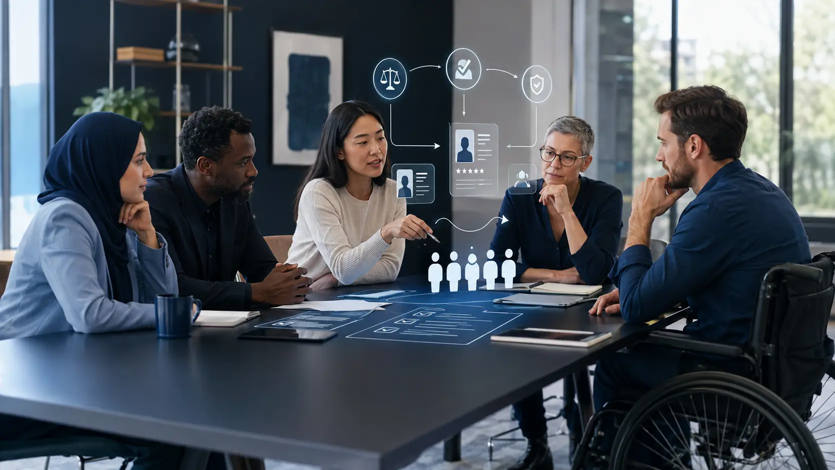 Inclusive AI Hiring: An Accessibility and Fairness Review for HR Teams 1 Professional team applying the inclusive AI hiring framework in a realistic workplace decision setting