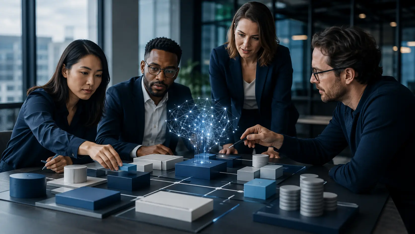 Professional team applying the AI business model framework in a realistic workplace decision setting