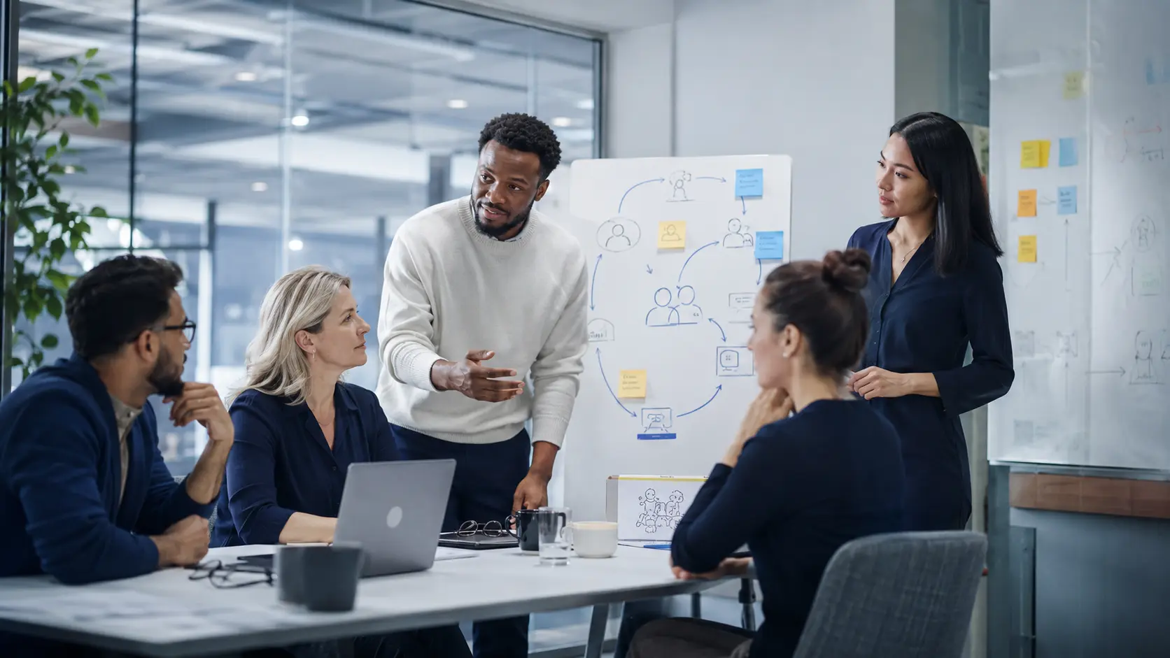 Professional team applying the AI adoption culture framework in a realistic workplace decision setting