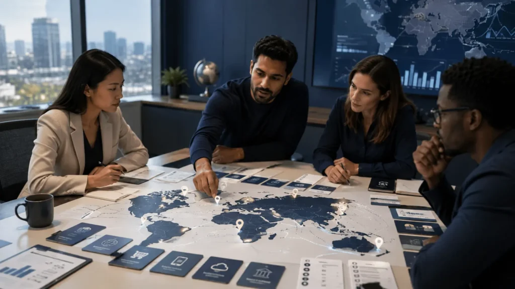 Professional team applying the digital market entry framework in a realistic workplace decision setting