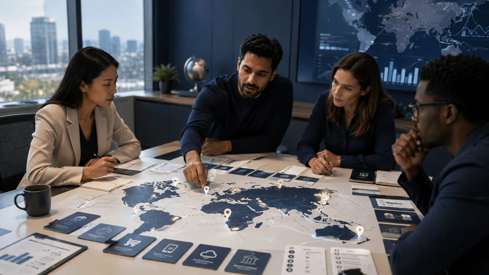 Professional team applying the digital market entry framework in a realistic workplace decision setting