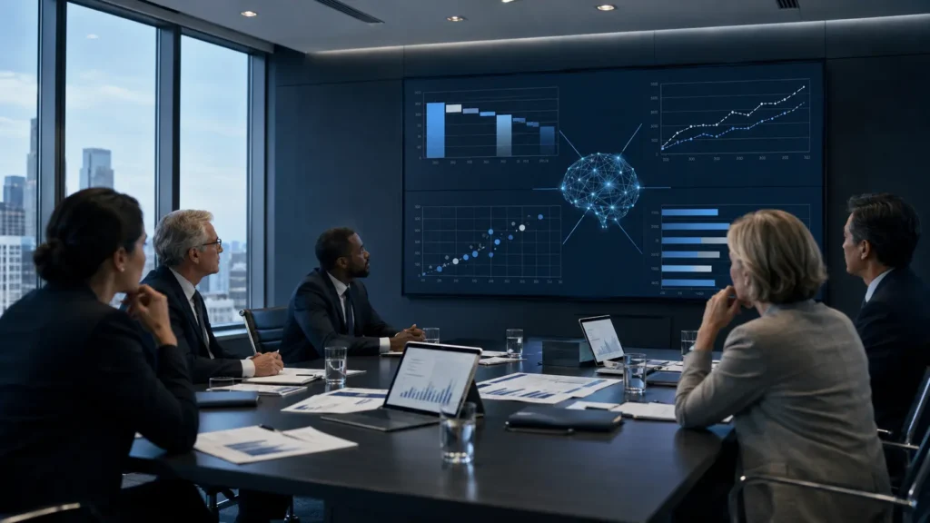 Professional team applying the AI investment economics framework in a realistic workplace decision setting