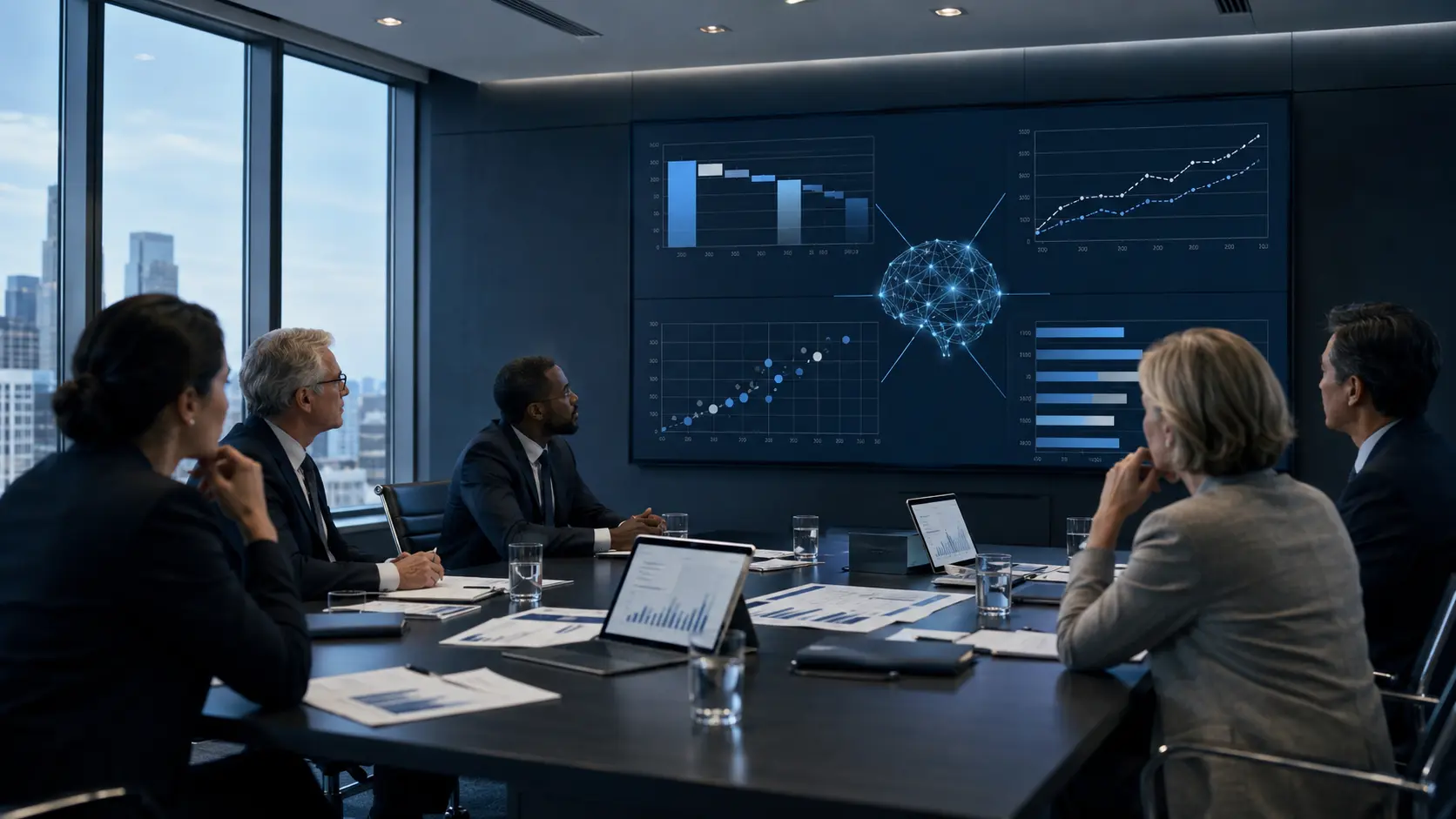 Professional team applying the AI investment economics framework in a realistic workplace decision setting
