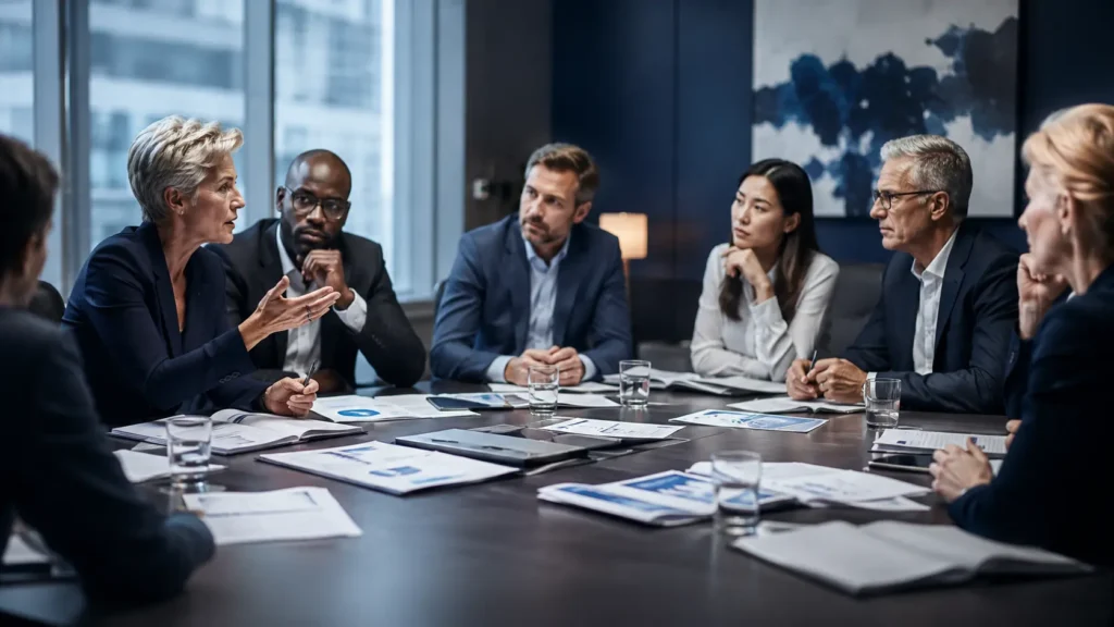 Professional team applying the board challenge culture framework in a realistic workplace decision setting