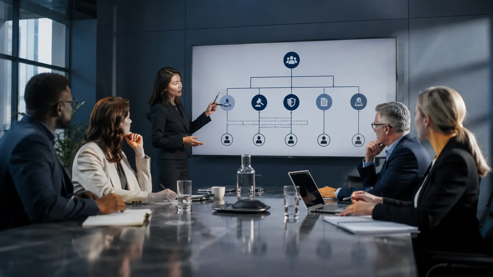 Professional team applying the AI committee charter framework in a realistic workplace decision setting