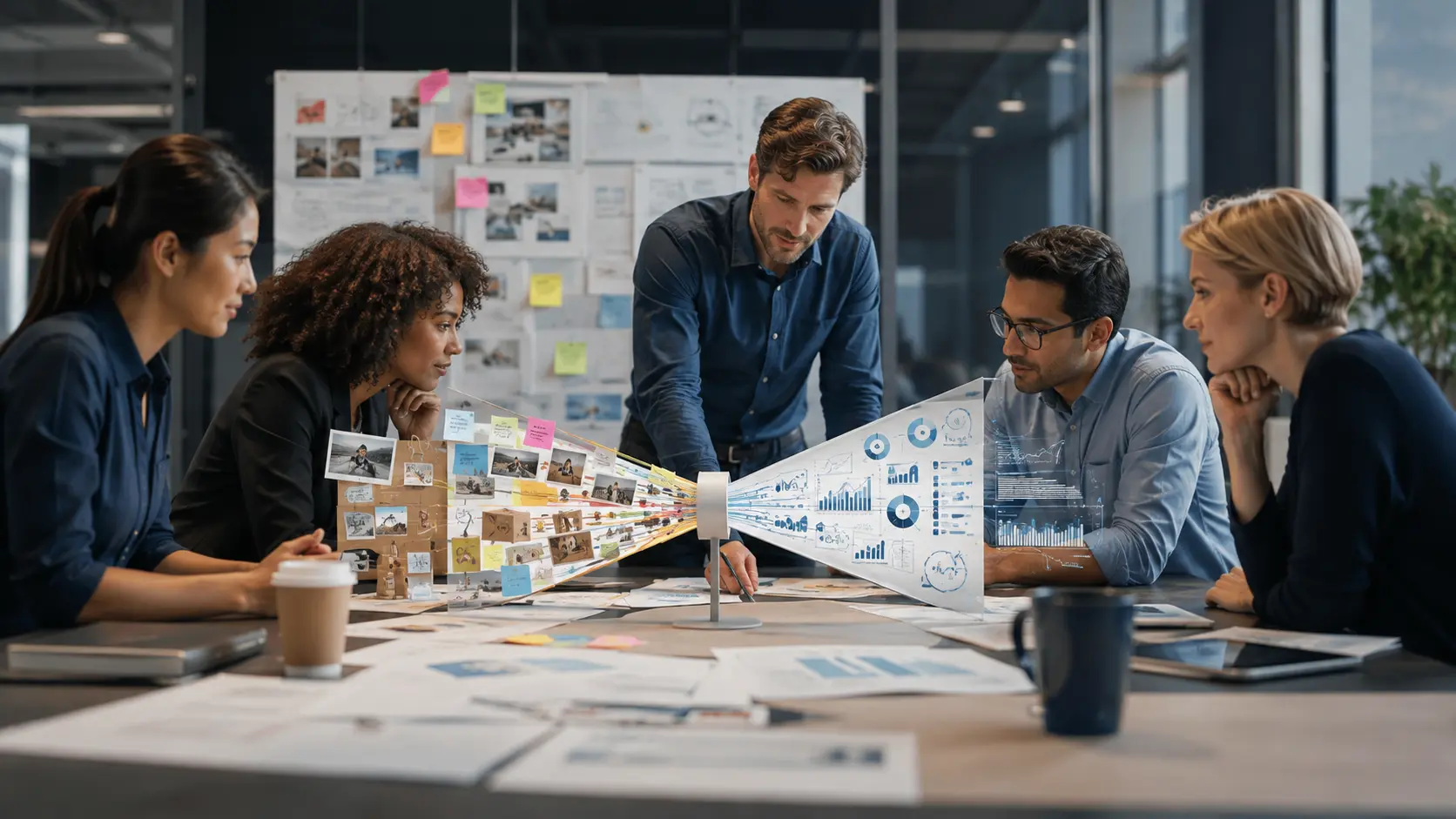 Professional team applying the design thinking Six Sigma framework in a realistic workplace decision setting