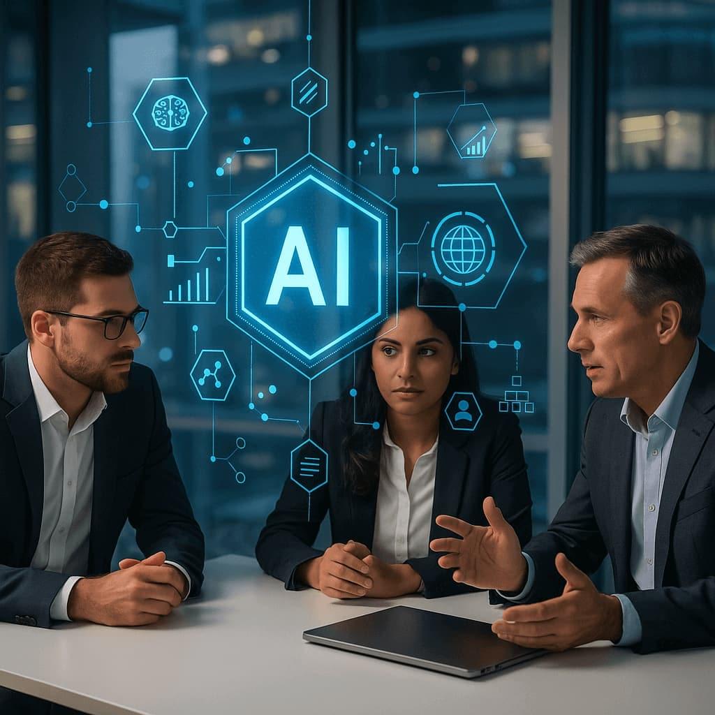 Business professionals planning AI strategy with digital interface overlay
