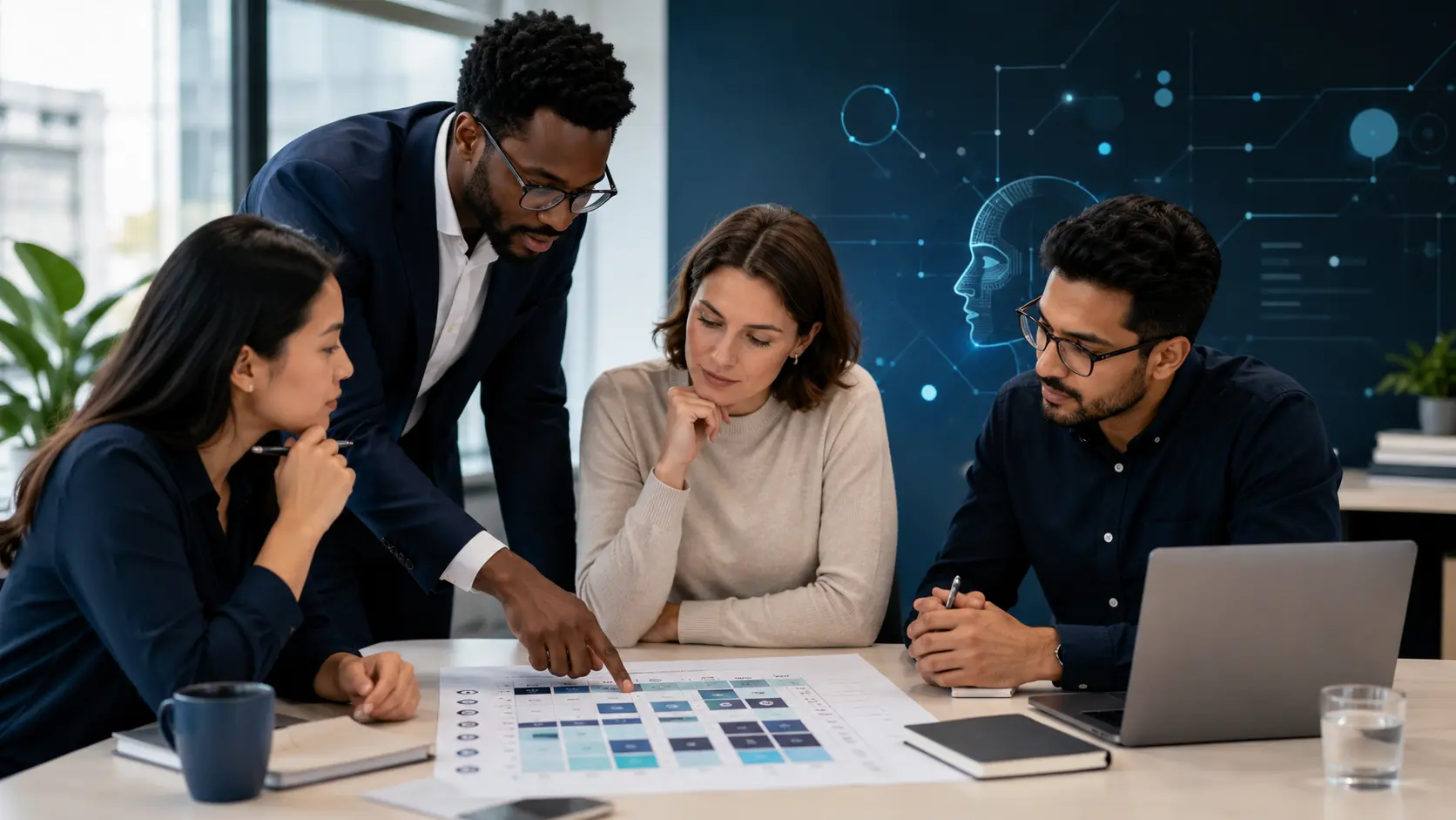 Manager and multidisciplinary team reviewing an AI literacy skills scorecard in a modern workplace and measure AI literacy