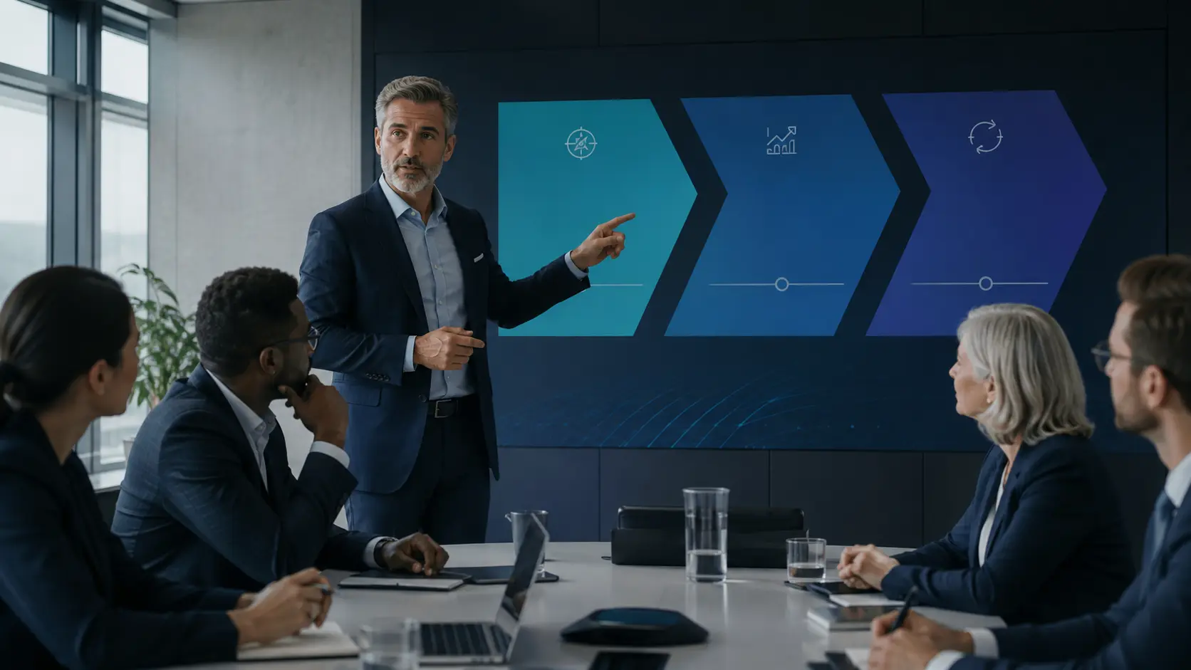 Chief AI Officer 100-Day Plan: A Practical 2026 Guide 1 Senior AI executive mapping a 100-day operating plan with leaders in a boardroom and for Chief AI Officer 100-day plan