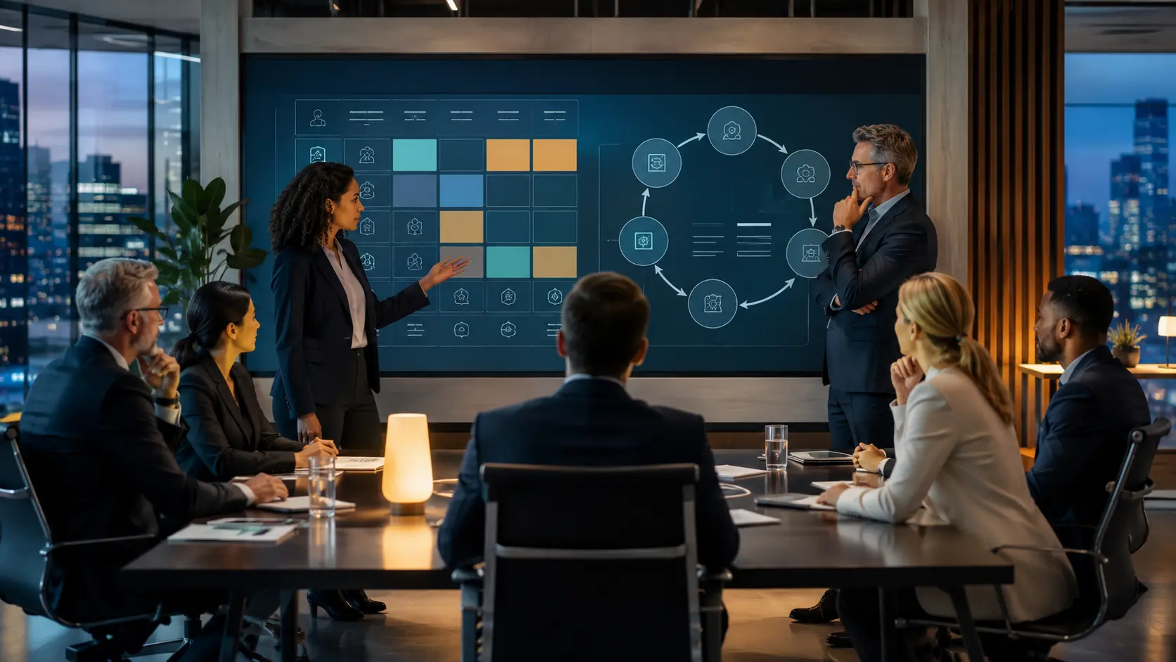AI Governance Operating Model: Decision Rights Explained 1 Cross-functional leaders mapping AI governance decision rights around a table, AI governance operating model