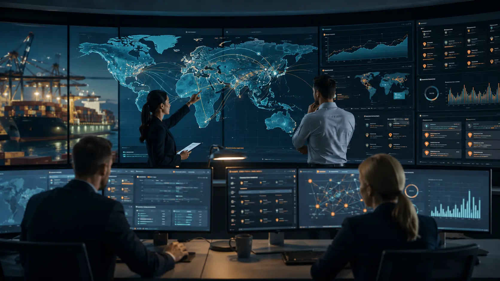 Supply chain operations team monitoring a digital control tower with human approval points