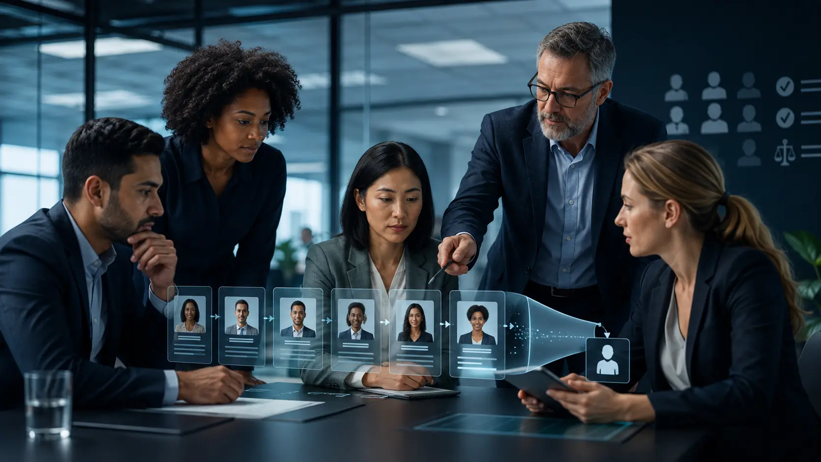HR and governance team auditing an AI-assisted recruitment process using candidate flow cards