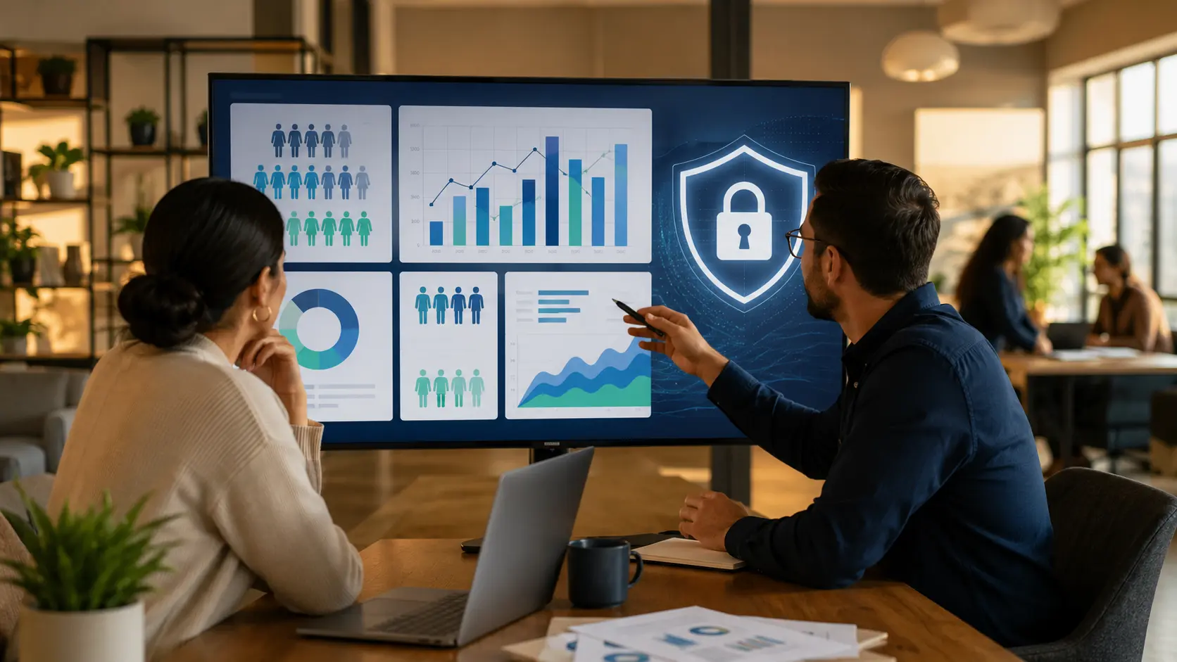 People analytics team reviewing aggregate workforce trends with privacy safeguards
