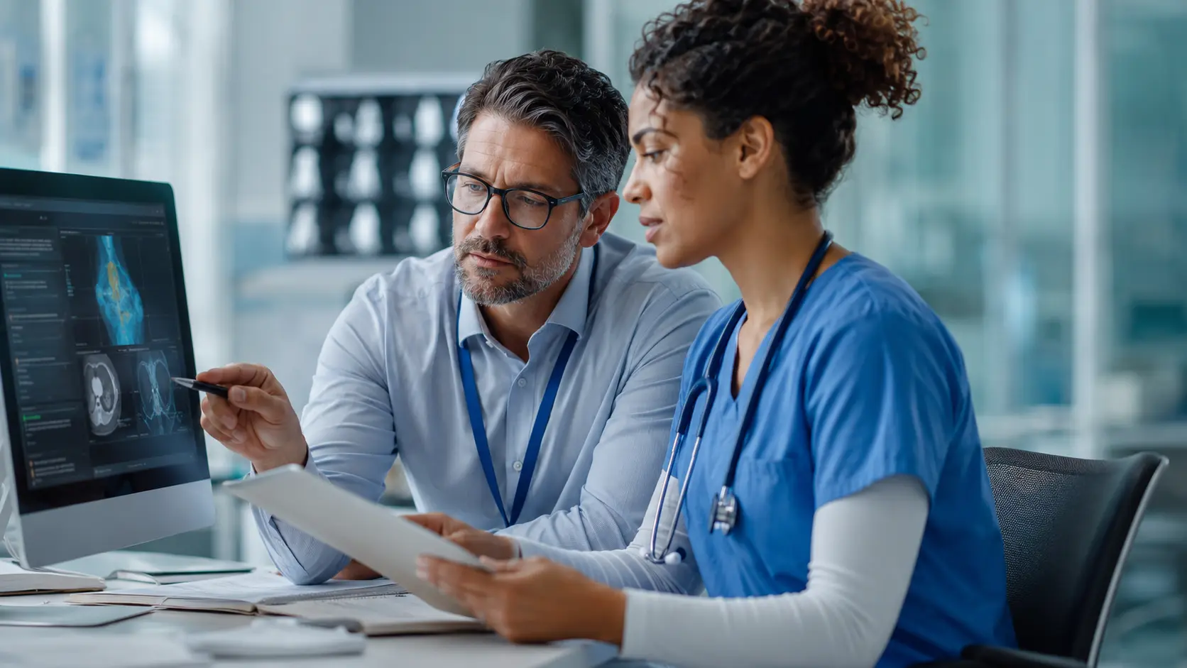 Healthcare AI Output Verification: 7-Step Checklist 1 Healthcare professionals verifying an AI-generated clinical summary against patient records and trusted evidence