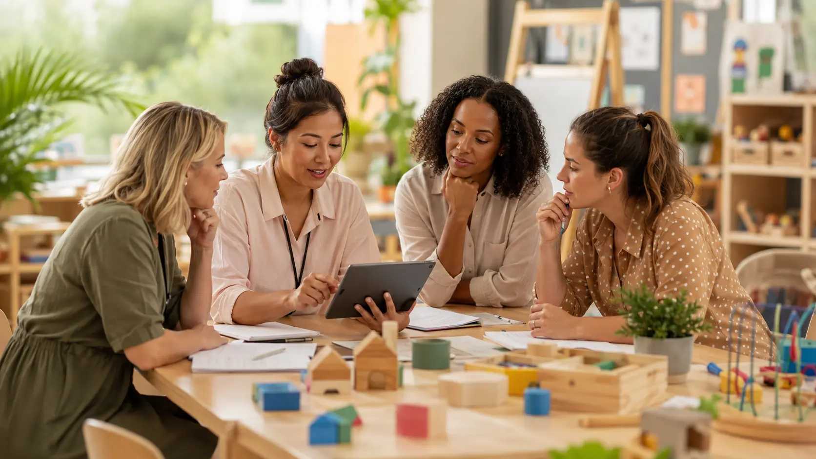 Early-years educators evaluating a child-safe AI learning tool together before classroom use