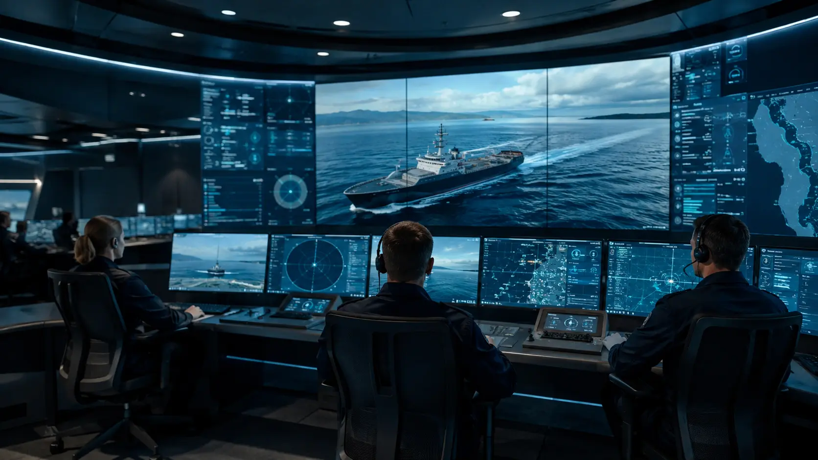 Maritime remote operations centre team supervising an autonomous vessel with clear human oversight
