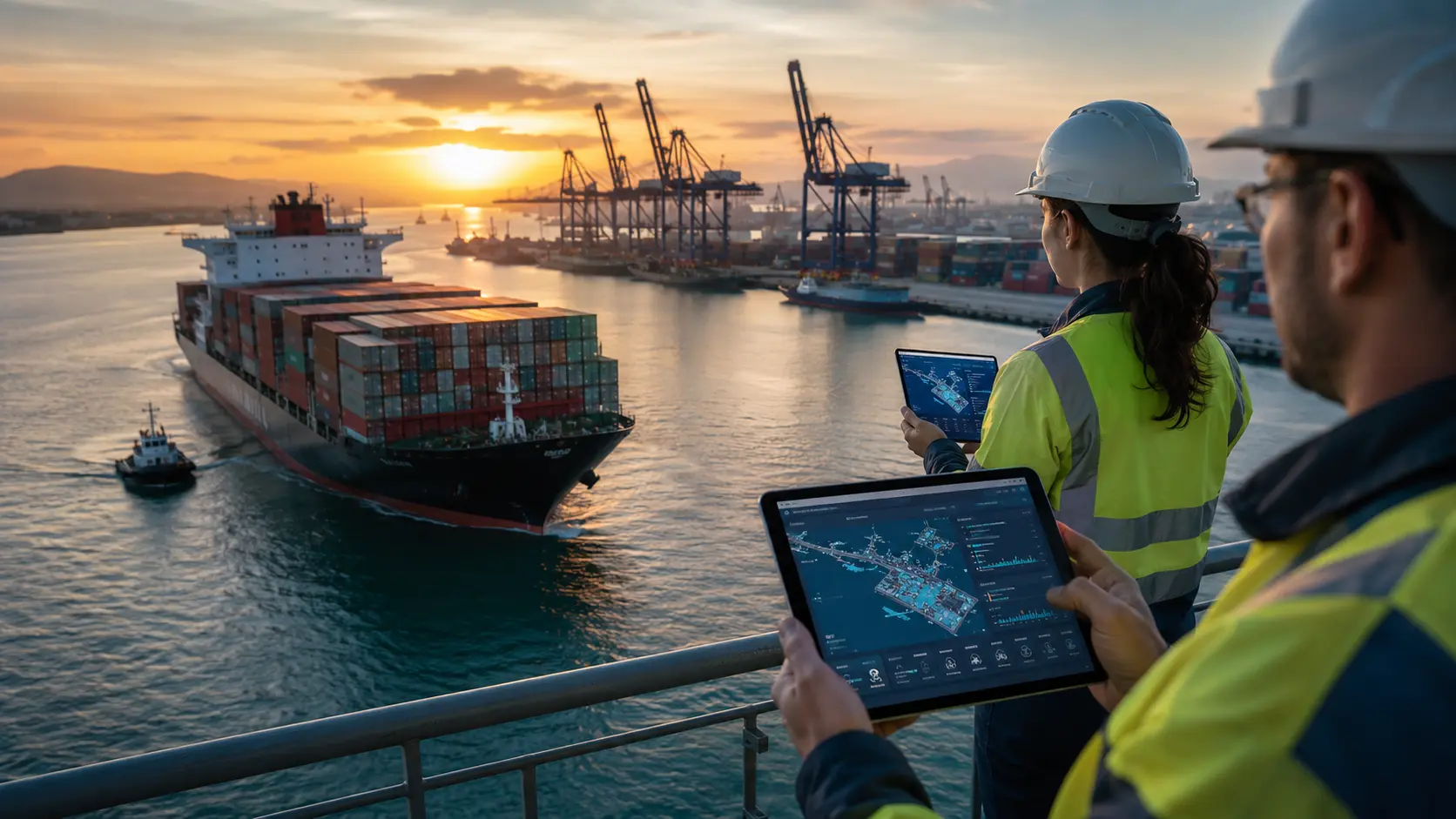 AI Maritime Logistics: Port-Call Optimisation and Exception Management 1 Maritime logistics team coordinating a container vessel port call using AI-supported arrival and berth information