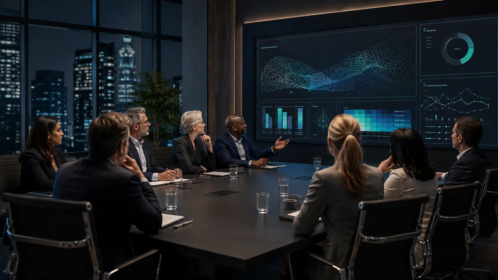 Board AI Oversight: 12 Questions Directors Should Ask Management 1 Board directors reviewing an enterprise AI oversight dashboard with management