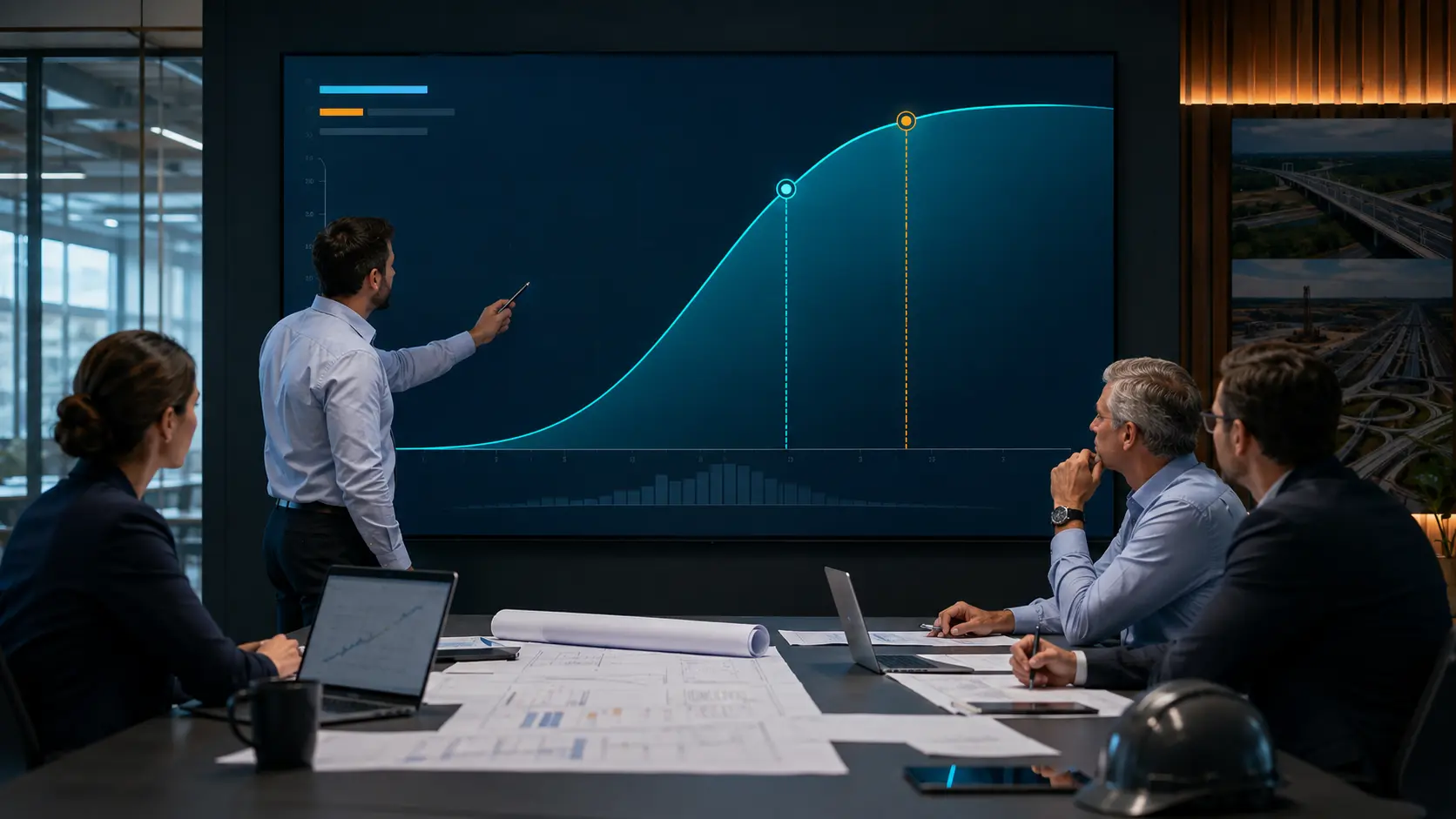 Project controls team comparing P50 and P80 dates on a probability curve
