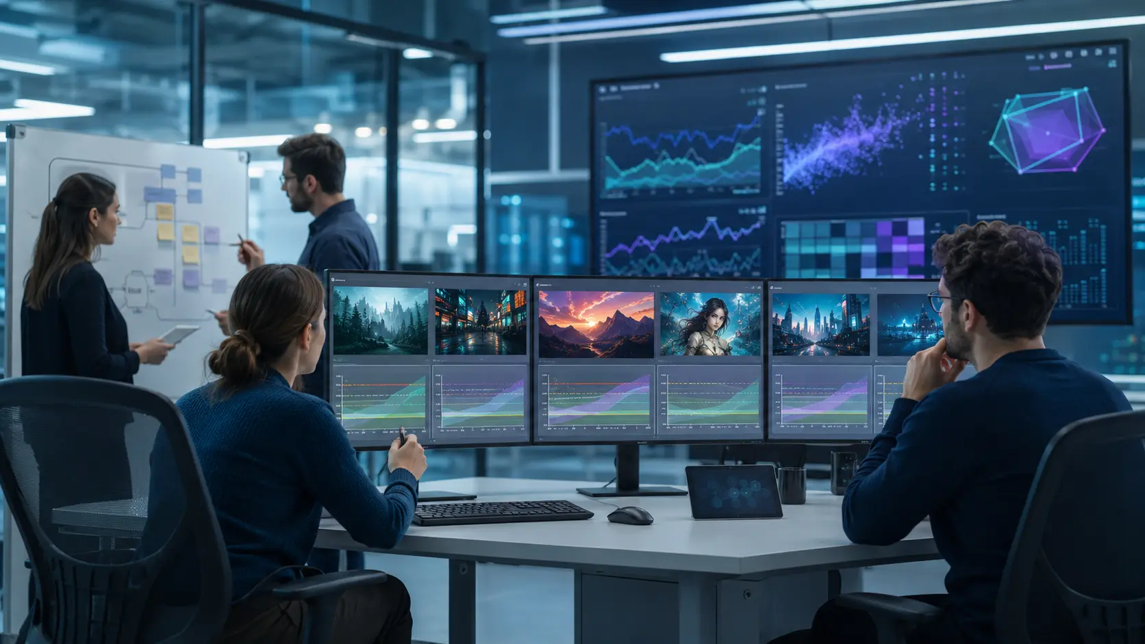 Software quality team evaluating multiple AI outputs against acceptance thresholds