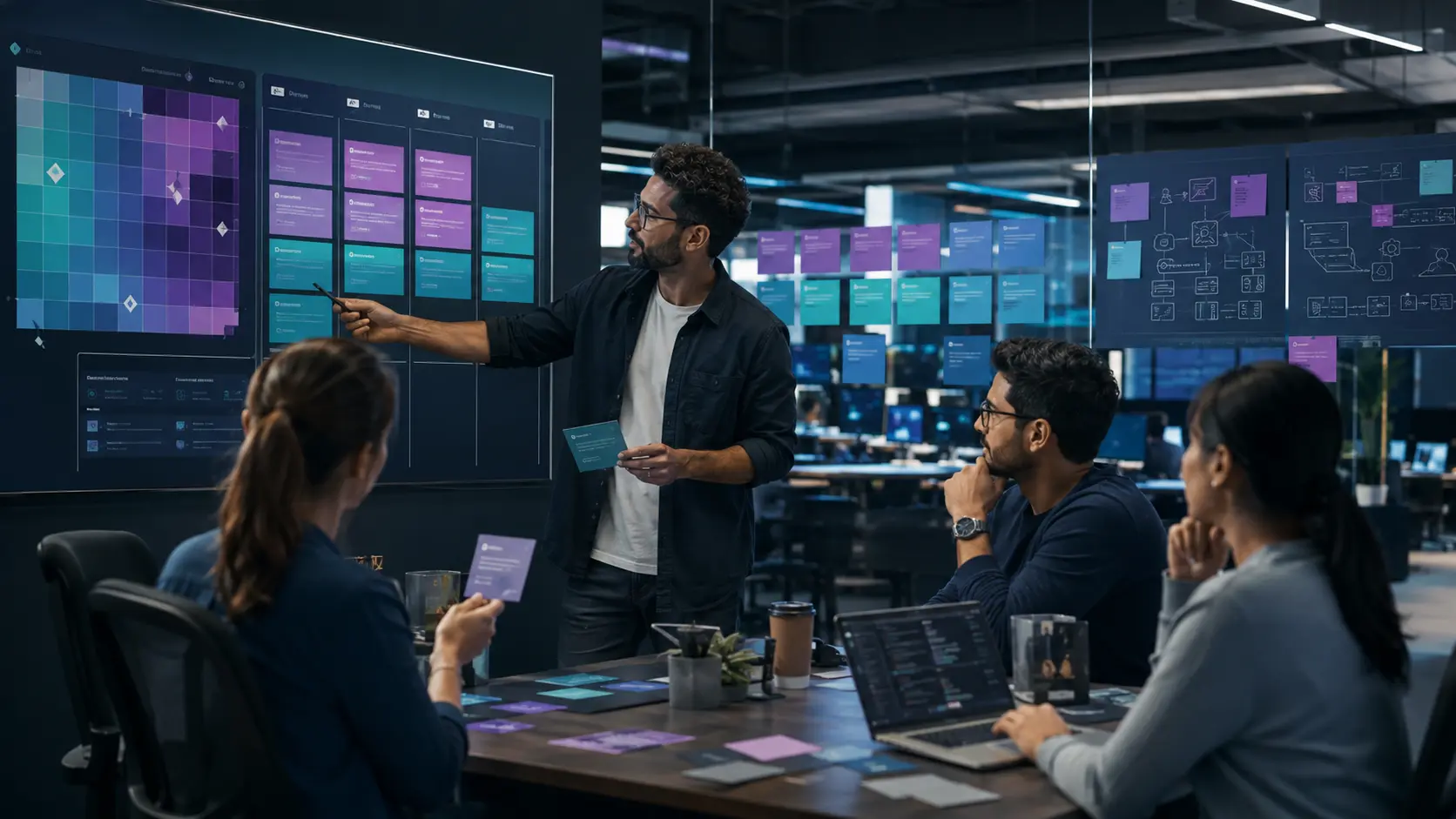 Agile testing team reviewing AI-generated test ideas against product risks on a sprint board