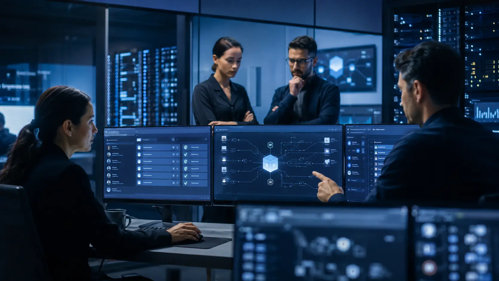 Professional team applying the AI privacy governance framework in a realistic workplace decision setting
