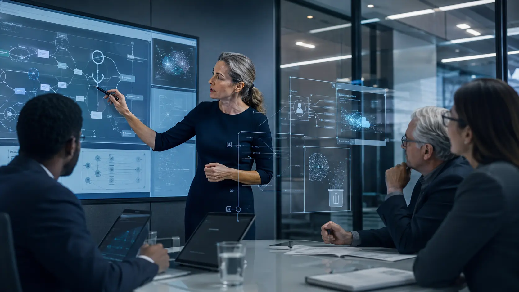 Professional team applying the AI agent access framework in a realistic workplace decision setting